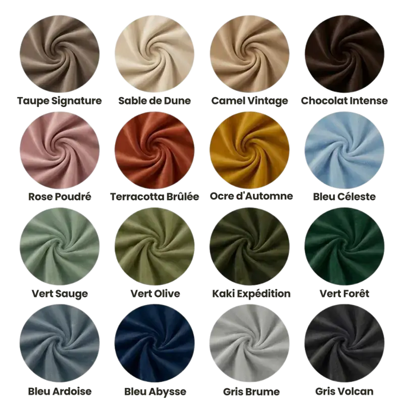 Grille de 16 échantillons de couleurs circulaires pour plaids personnalisés montrant les variations disponibles : Taupe Signature, Sable de Dune, Camel Vintage, Chocolat Intense, Rose Poudré, Terracotta Brûlée, Ocre d'Automne, Bleu Céleste, Vert Sauge, Vert Olive, Kaki Expédition, Vert Forêt, Bleu Ardoise, Bleu Abysse, Gris Brume, et Gris Volcan   