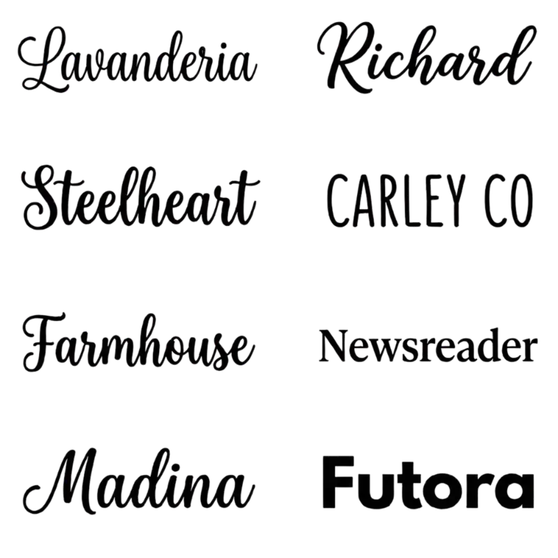 Huit échantillons de polices d'écriture pour la personnalisation des plaids : Lavanderia, Richard, Steelheart, CARLEY CO, Farmhouse, Newsreader, Madina, et Futora